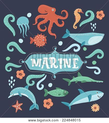 Vector cartoon set of illustration of Underwater animals and sea creatures icons. Ocean marine aquatic collection. Shark, dolphin, octopus, fish, seahorse, jellyfish, marine star, whales on dark