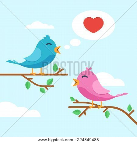 Cute couple lovers birds cooing on a tree against the sky. Valentine's day concept. Vector illustration of a trendy cartoon style