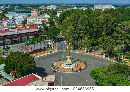Long Xuyen, Vietnam - Sep 1, 2017. Aerial View Of A Traffic-circle In Long Xuyen, Vietnam. Long Xuye