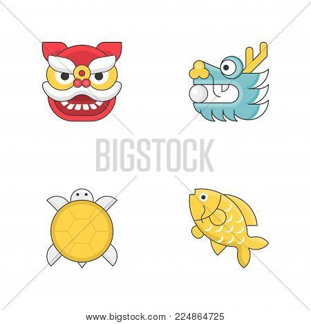 Chinese new year animal sign flat icon set with thin outline, turtle, carp fish, dragon and pearl, lion dance
