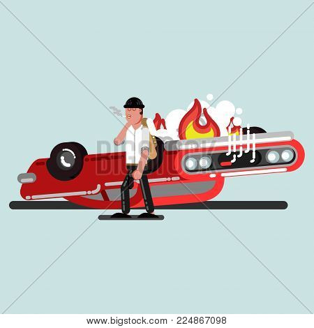 Guy with gun and car in fire behind. Vector illustration, EPS 10