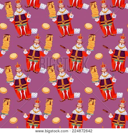 King holds a stack of pancakes and a frying pan. Happy pancake Day! Seamless background pattern. Vector illustration