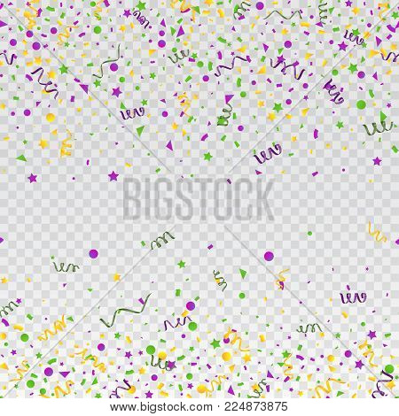 Mardi Gras carnival confetti seamless background. Traditional colors yellow, purple, green. Stock vector illustration
