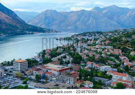 KOTOR, MONTENEGRO - SEPTEMBER 8, 2017: Top view of Kotor and Bay of Kotor, Montenegro