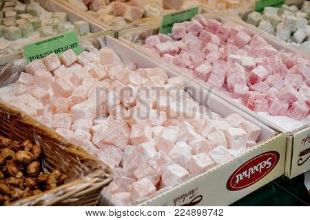 Farnham, United Kingdom, 30th October 2017:-A Selection of turkish delight and other sweets for sale at Farnham International Food Festival