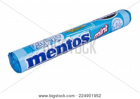 LONDON, UK - DECEMBER 18TH 2017: A packet of Mint Mentos over a plain white background, on 18th December 2017.