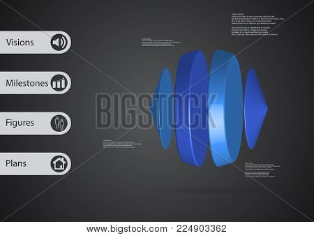 3D illustration infographic template with motif of two cones and two cylinders between horizontally arranged with blue color with simple sign and sample text on side in bars and dark background.
