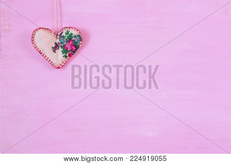 Red Heart On String. Romantic Love Vintage Wooden Background