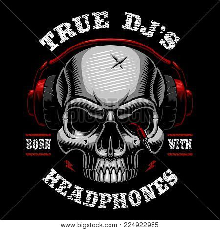 Vector illustration of skull dj. Shirt design on dark background. Text is on the separate layer.