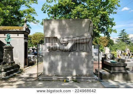 PARIS,FRANCE - AUGUST 1,2017 : The grave of Oscar Wilde at Pere Lachaise cemetery in Paris