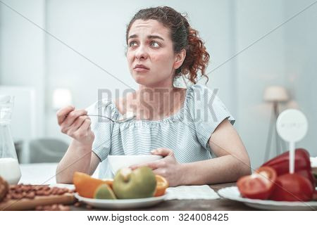 Curly Woman With Skin Rash Having Allergy To Some Food