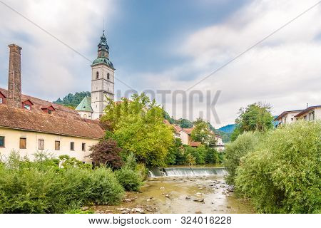 View At The Skofja Loka With Selca Sora River And Saint Jacob Church In Background, Slovenia