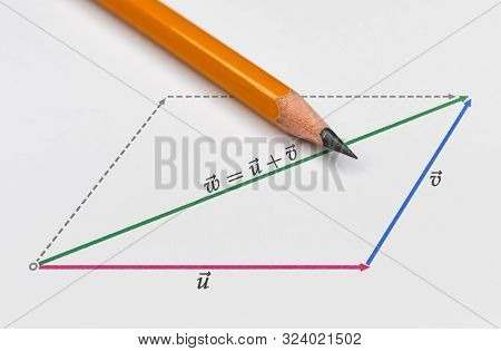 Pencil And A Graphical Representation Of Vector Summation On Bright Background
