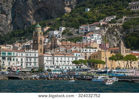 Amalfi, Italy - September 9, 2018: Amalfi Coast Italy - Panoramic View Of Cetara Harbor And Town
