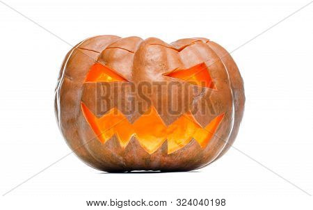 Photo Of Halloween Pumpkin. Scary Jack Olantern Isolated On White