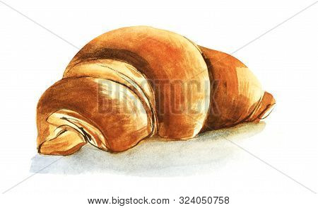 Three Drawings Of Fresh Croissant. Morning Baking. French Bun Curlicue Bagel. Hand Drawn Watercolor 