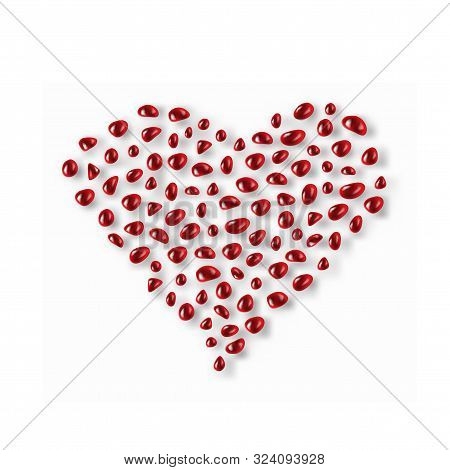 Pomegranate Seeds In The Shape Of A Heart. Rosh Hashanah. Realistic Sweet Red Fruit Grains. Love Hea