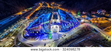 Sochi, Krasnaya Polyana, Russia - February 24, 2016: Galaxy Center - Modern Building In Night Illumi