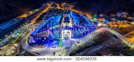 Sochi, Krasnaya Polyana, Russia - February 24, 2016: Galaxy Center - Modern Building In Night Illumi