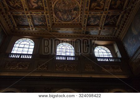 Italy, Florence - May 18 2017: The View Of The Balcony And Ceilings Fragment In The Salone Dei Cinqu