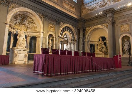 Italy, Florence - May 18 2017: The View Of The Tribune Of The Audience And Balcony Inside Salone Dei