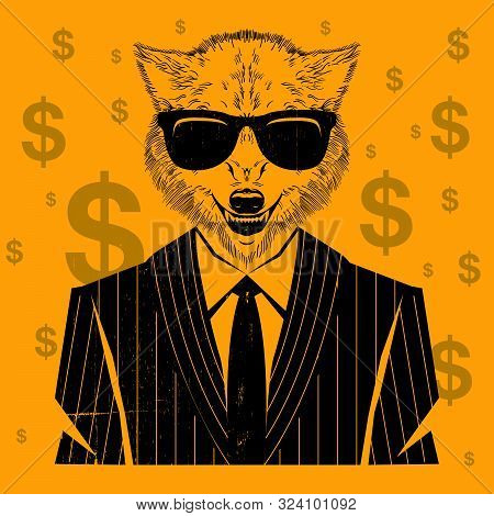 Hand Drawn Of Business Wolf Of Wallstreet In Suit Vector Illustration