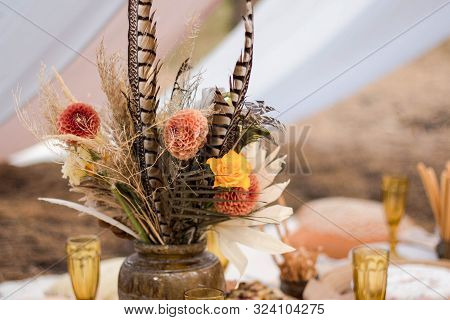 Autumn Knitting, Knitting Needles And Yarn In Autumn Colors