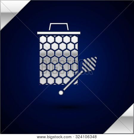 Silver Honeycomb With Honey Dipper Stickicon Isolated On Dark Blue Background. Honey Ladle. Honey Ce