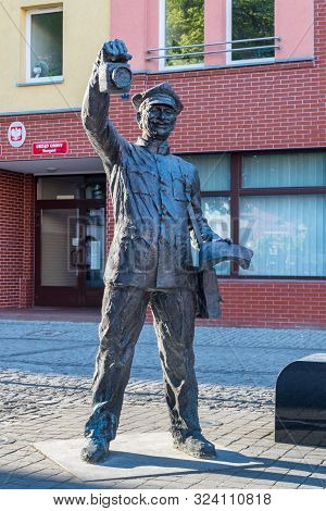 Stargard, Poland - June 9, 2019: Railwayman Monument In Old Town Square In Stargard.