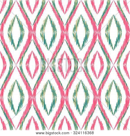Ikat Ogee Seamless Vector Pattern Design. Ethnic Fabric Print Geometric Ikat Pattern. Wavy Ogee Seam