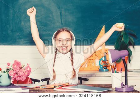 Fruit Diet. Back To School. Einstein. Small Genius Child In Classroom. Lunch Time. Small Girl Ready 