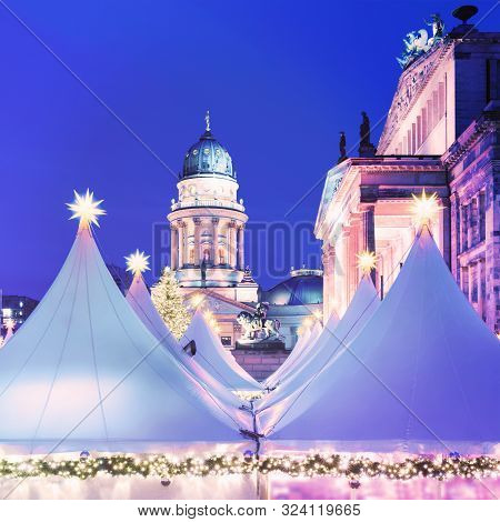 Chtristmas Market In Gandarmenmarkt In Berlin In The Evening. Square Composition, Toned Image