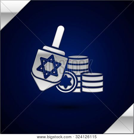 Silver Hanukkah Dreidel And Coin Icon Isolated On Dark Blue Background. Vector Illustration