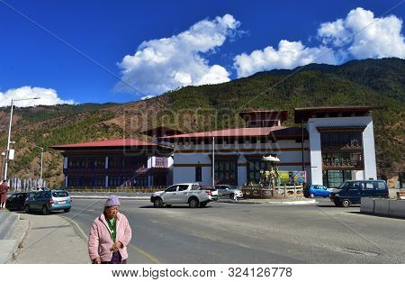 Thimphu, Bhutan - December 7, 2018: A Road In Thimphu, Capital Of The Kingdom Of Bhutan