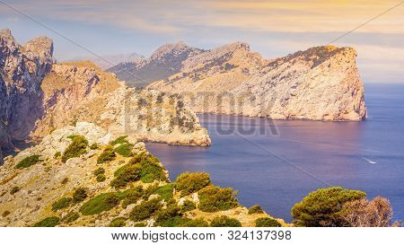 View From The Mirador Es Colomer To The Cliffs Of Formentor Peninsula, Beautiful Sunset, Mallorca, S