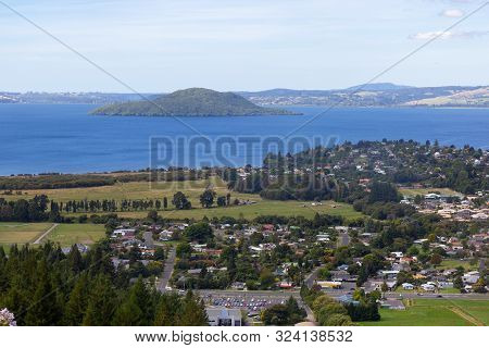 Aerial View Of Rotorua Lake And Town