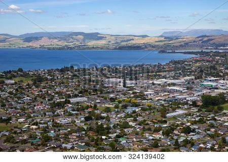 Aerial View Of Rotorua Lake And Town