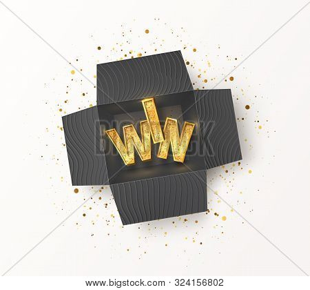 Opened Textured Black Gift Box With Golden Win Word Inside. Enter And Winning Prizes Isolated Vector