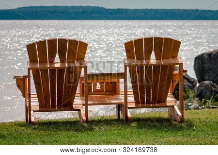 Outdoor Deck Chairs Looking Out Over Mackinac Island In Michigan