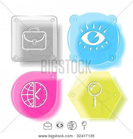 Affaires jeu d'icônes. Loupe, globe et horloge, porte-documents, œil. Boutons de verre. Vecteur illustra