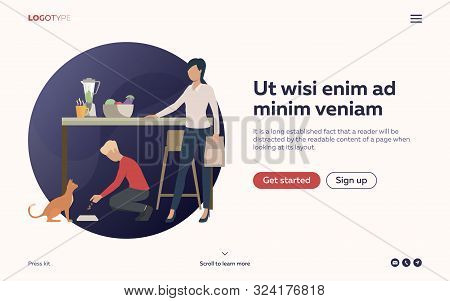 Boy And Woman Feeding Cat In Kitchen Webpage. Working Mother, Childcare, Animal. Efficiency Concept.