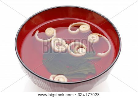 Japanese Food, Osuimono Soup Of Fu And Vegetables In A Bowl