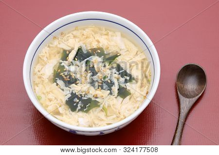 Japanese Foof, Kakitama Egg Soup In A Bowl On Table　