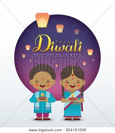 Deepavali Or Diwali Greeting Card. Cartoon Indian Girl & Boy Holding Diya (india Oil Lamp) With Sky 