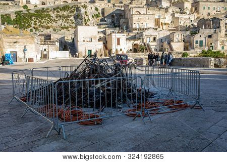 Matera, Italy - September 15, 2019: Bond 25, Scenography Elements Used For Explosion And Fire Scenes