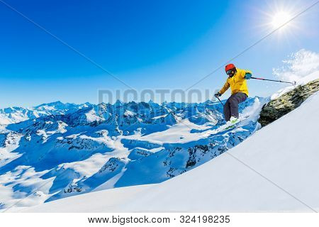 Ski area with amazing view of swiss famous mountains in beautiful winter snow  Mt Fort. The matterhorn and the Dent d'Herens. In the foreground the Grand Desert glacier.