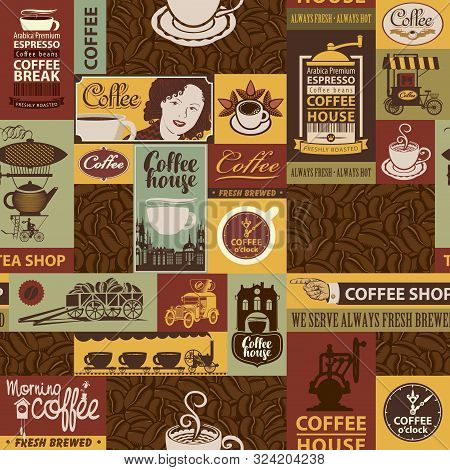 Vector Seamless Pattern On Coffee And Coffee House Theme With Coffee Beans, Inscriptions And Illustr
