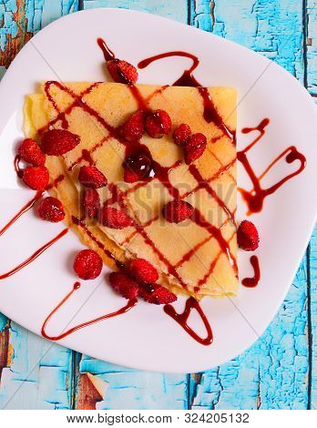 Pancakes With Fresh Blackberries And Raspeberries, Top View, Horizontal