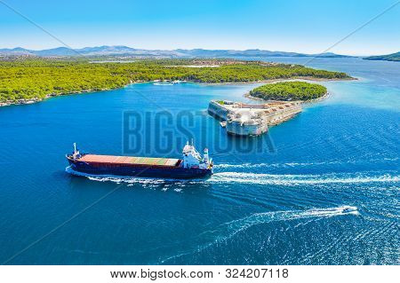 Old Stone St. Nicholas Fortress At Sibenik Bay Entrance, Archipelago Od Dalmatia, Croatia, Freighter
