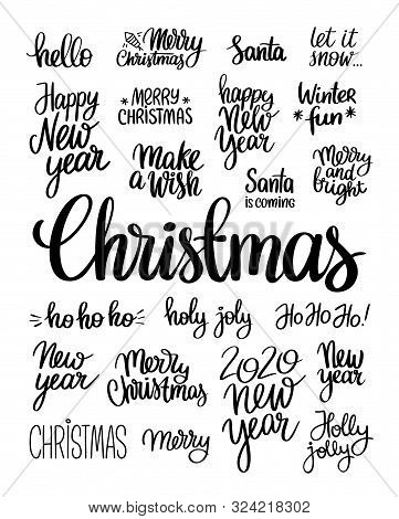 Brush Lettering Vector Illustration Of Handwritten Words Merry Christmas, New Year, Winter Fun, Ho H